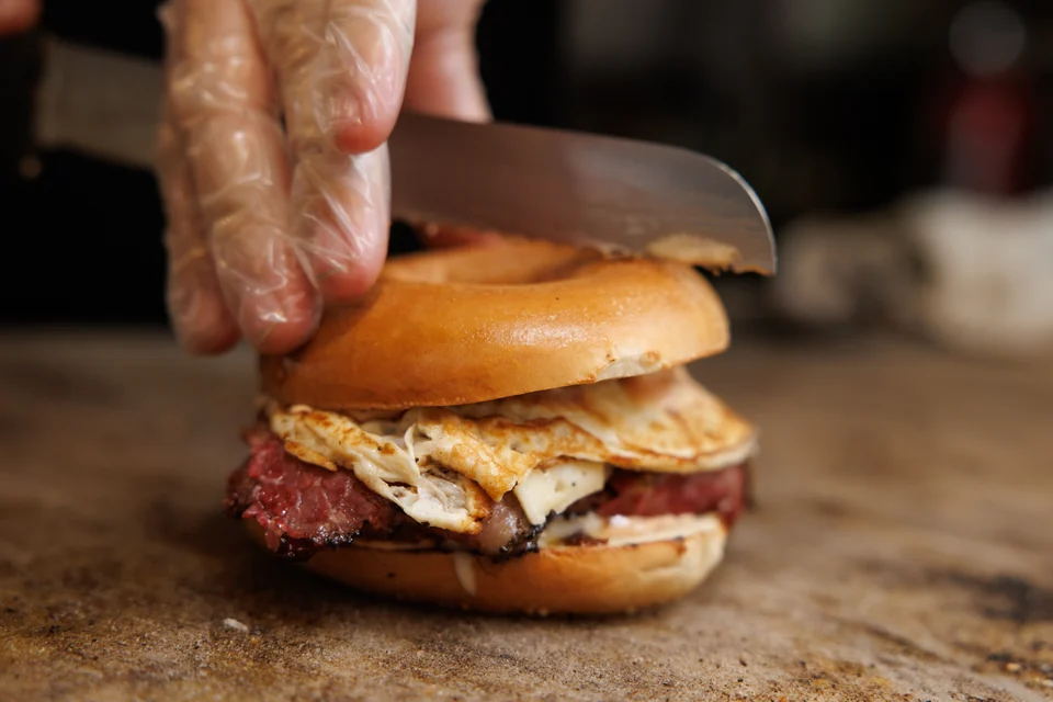 The O’Brien breakfast bagel with pastrami, egg, hash brown, and Swiss
