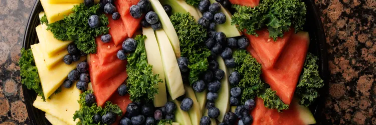 Fresh fruit tray: watermelon, pineapple, honeydew and blueberries
